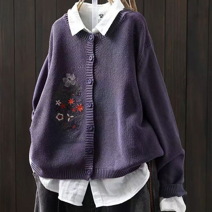 Cárdigan de punto de manga larga para mujer, de algodón, con botones bordados florales y Buddha Stones. - Violeta oscuro - US4-6, UK/AU8-10, EU36-38 (F) - image 4