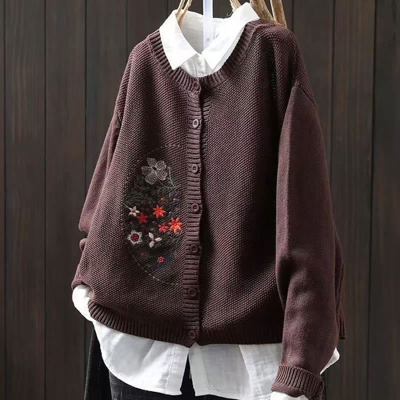 Cárdigan de punto de manga larga para mujer, de algodón, con botones bordados florales y Buddha Stones. - Marrón silla de montar - US4-6, UK/AU8-10, EU36-38 (F) - image 16