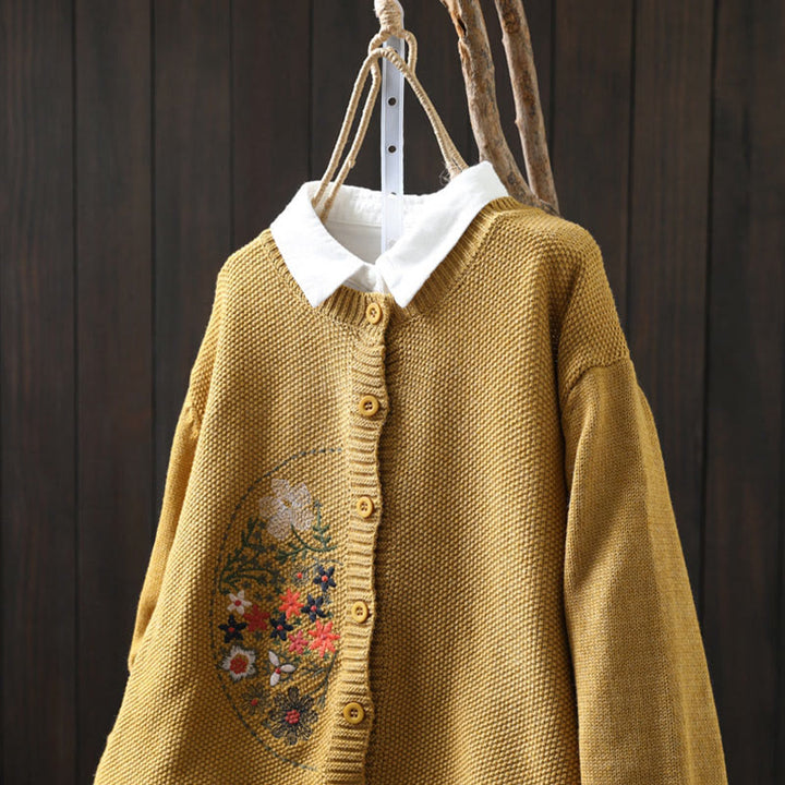 Cárdigan de punto de manga larga para mujer, de algodón, con botones bordados florales y Buddha Stones. - image 3