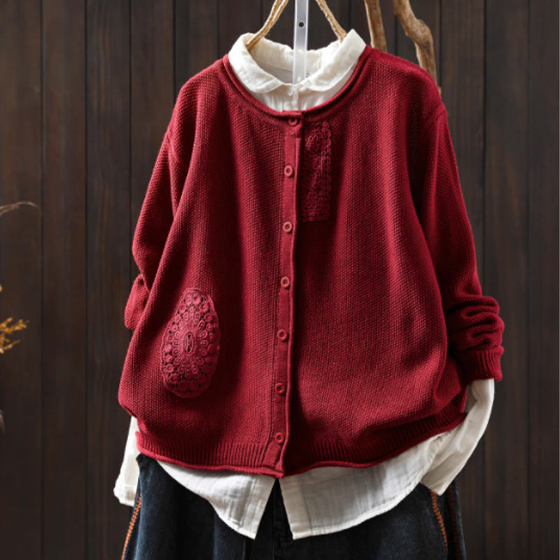 Suéter cárdigan de punto de manga larga para mujer, de algodón, con botones florales y Buddha Stones. - Rojo - US4-6, UK/AU8-10, EU36-38 (F) - image 16