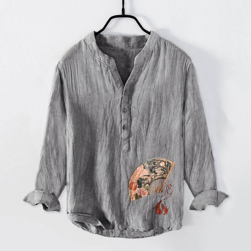 Camisa de manga larga para hombre, de algodón y lino, con estampado de Buddha Stones, abanico, grulla, pino, peonía y sol rojo, con medio botón. - Gris - US/UK/AU50, EU60 (5XL) - image 0