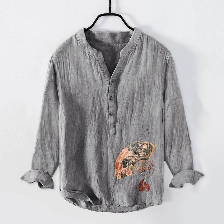 Camisa de manga larga para hombre, de algodón y lino, con estampado de Buddha Stones, abanico, grulla, pino, peonía y sol rojo, con medio botón. - image 1