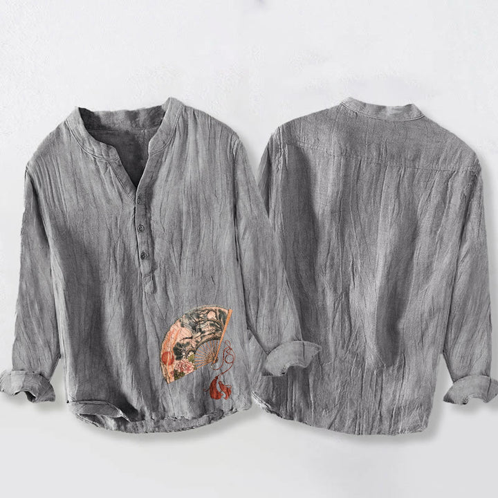 Camisa de manga larga para hombre, de algodón y lino, con estampado de Buddha Stones, abanico, grulla, pino, peonía y sol rojo, con medio botón. - image 2