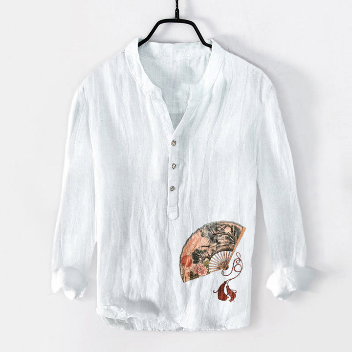 Camisa de manga larga para hombre, de algodón y lino, con estampado de Buddha Stones, abanico, grulla, pino, peonía y sol rojo, con medio botón. - Blanco - US/UK/AU50, EU60 (5XL) - image 6