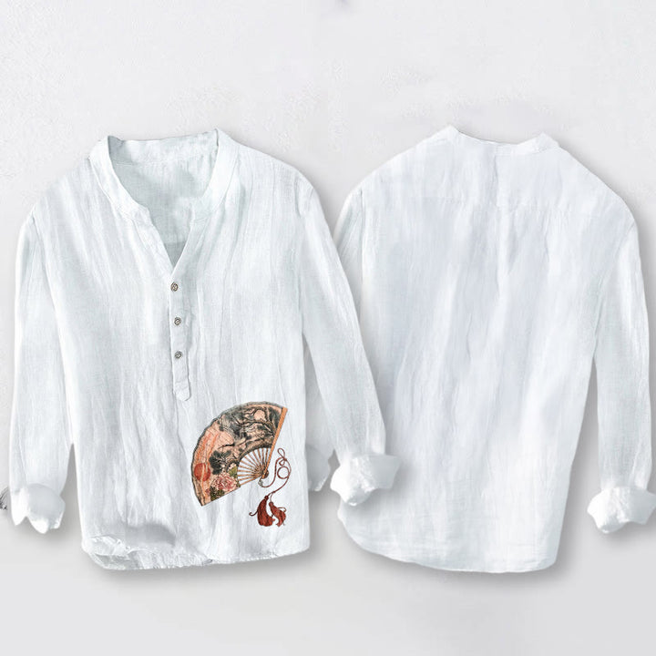 Camisa de manga larga para hombre, de algodón y lino, con estampado de Buddha Stones, abanico, grulla, pino, peonía y sol rojo, con medio botón. - image 8