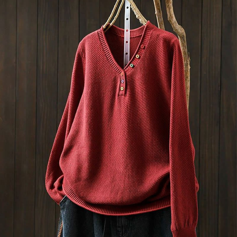 Suéter de punto de manga larga para mujer, de algodón, con cuello en V, botones coloridos y estampado de Buddha Stones. - Rojo - US4-6, UK/AU8-10, EU36-38 (F) - image 13