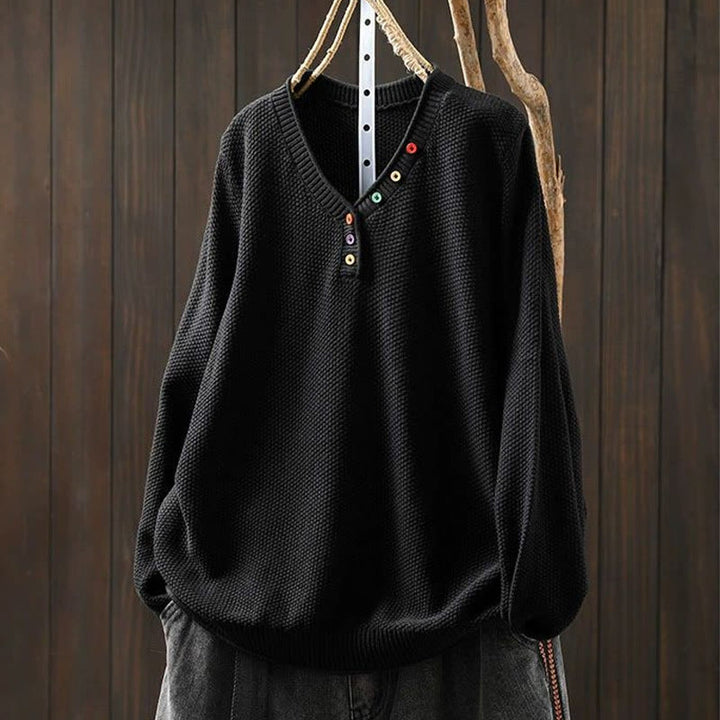 Suéter de punto de manga larga para mujer, de algodón, con cuello en V, botones coloridos y estampado de Buddha Stones. - Negro - US4-6, UK/AU8-10, EU36-38 (F) - image 19