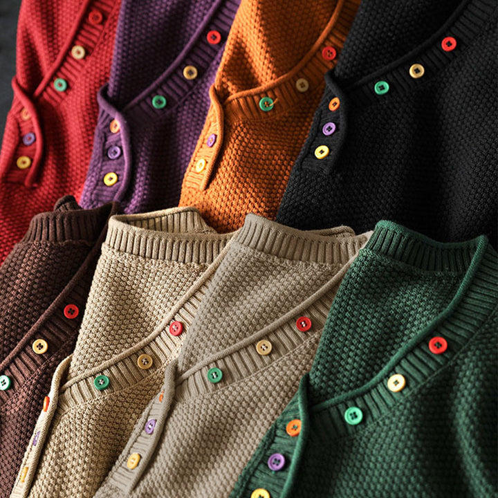 Suéter de punto de manga larga para mujer, de algodón, con cuello en V, botones coloridos y estampado de Buddha Stones. - image 21