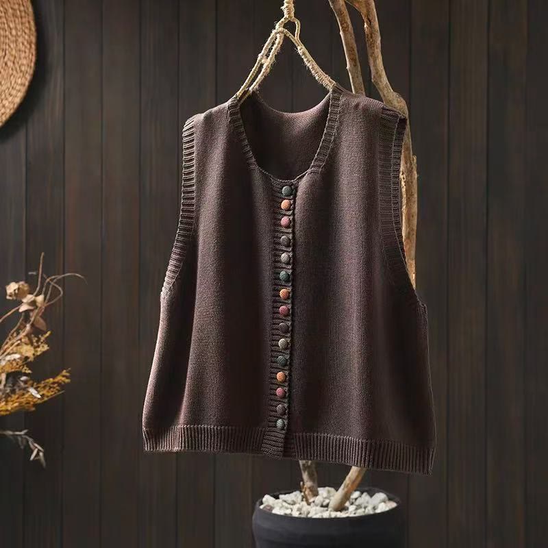 Chaleco de punto sin mangas para mujer con botones coloridos y estampado de Buddha Stones. - Marrón silla de montar - US4-6, UK/AU8-10, EU36-38 (F) - image 3