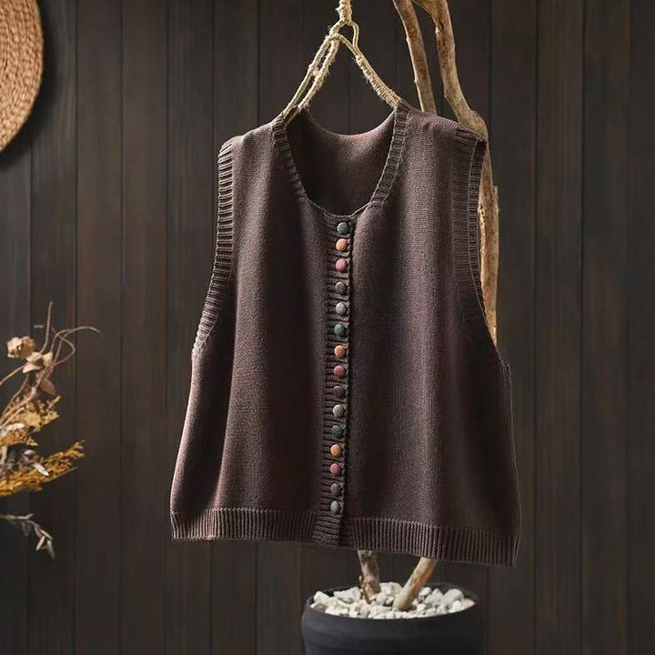 Chaleco de punto sin mangas para mujer con botones coloridos y estampado de Buddha Stones. - Marrón silla de montar - US4-6, UK/AU8-10, EU36-38 (F) - image 3