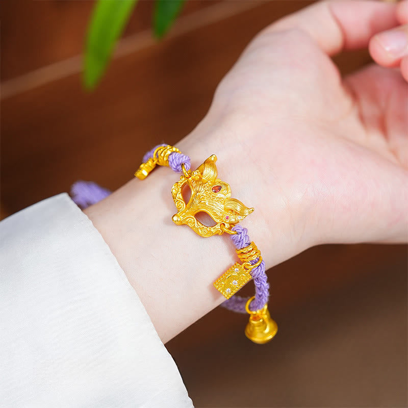 Pulsera de la suerte tejida con hilo morado, con dije de campana de zorro de latón chapado en oro de 24k y Buddha Stones. - image 2