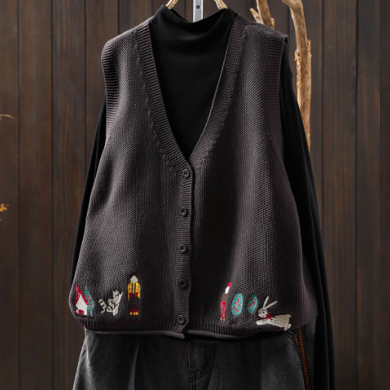 Chaleco sin mangas de algodón tejido para mujer con bordado de figuras de Buddha Stones, piedras, conejo y árbol. - Gris - US4-6, UK/AU8-10, EU36-38 (F) - image 18