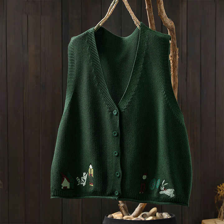 Chaleco sin mangas de algodón tejido para mujer con bordado de figuras de Buddha Stones, piedras, conejo y árbol. - image 3