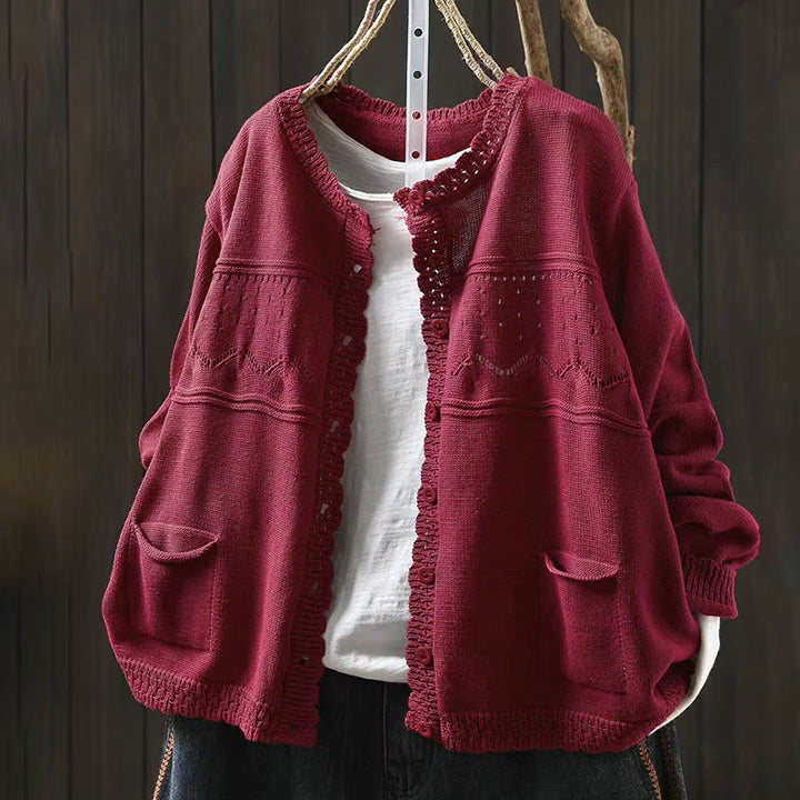 Cárdigan de punto de manga larga para mujer, con botones de encaje y estampado de Buddha Stones, de algodón, con bolsillos. - Rojo indio - US4-6, UK/AU8-10, EU36-38 (F) - image 0