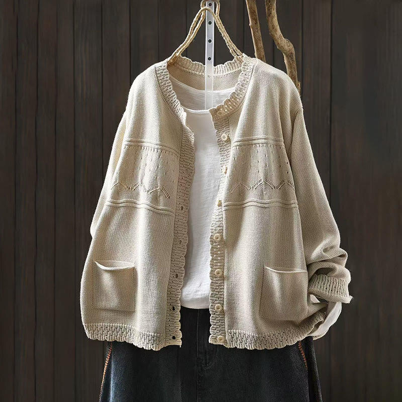 Cárdigan de punto de manga larga para mujer, con botones de encaje y estampado de Buddha Stones, de algodón, con bolsillos. - Concha - US4-6, UK/AU8-10, EU36-38 (F) - image 14