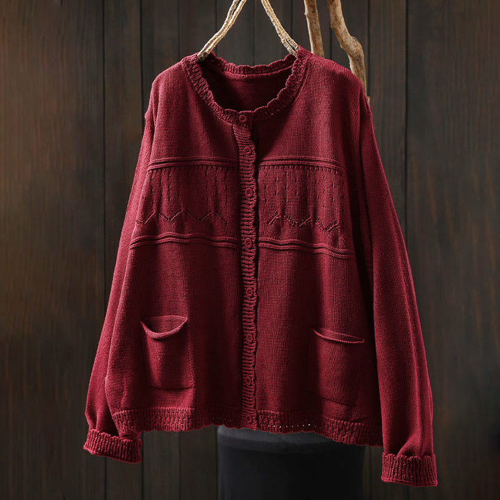 Cárdigan de punto de manga larga para mujer, con botones de encaje y estampado de Buddha Stones, de algodón, con bolsillos. - image 1