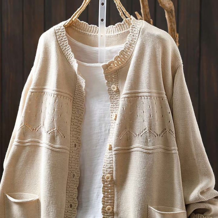 Cárdigan de punto de manga larga para mujer, con botones de encaje y estampado de Buddha Stones, de algodón, con bolsillos. - image 15