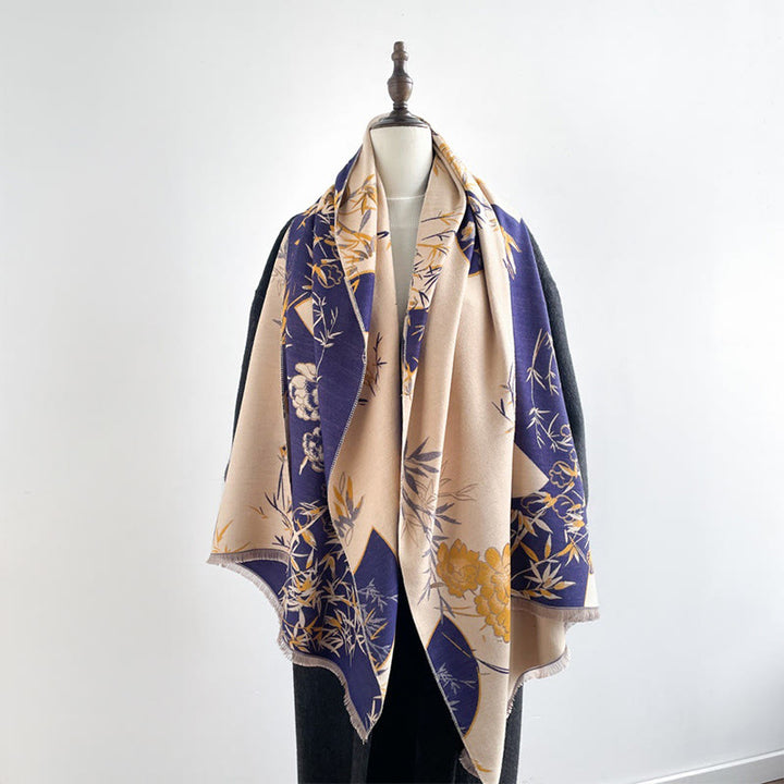 Bufanda/chal acogedor con estampado de flores de peonía, abanico de invierno con Buddha Stones y bambú - Sopa de mariscos - 180 x 65 cm - image 0