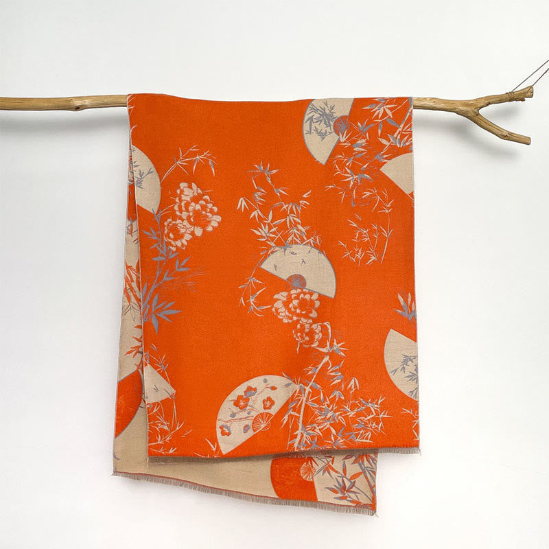 Bufanda/chal acogedor con estampado de flores de peonía, abanico de invierno con Buddha Stones y bambú - Coral - 180 x 65 cm - image 8