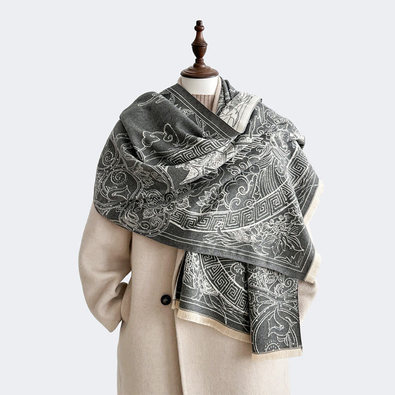 Bufanda/chal acogedor con estampado de Buddha Stones, pabellón de otoño, peces koi, flores y olas - Gris - 180 x 65 cm - image 0
