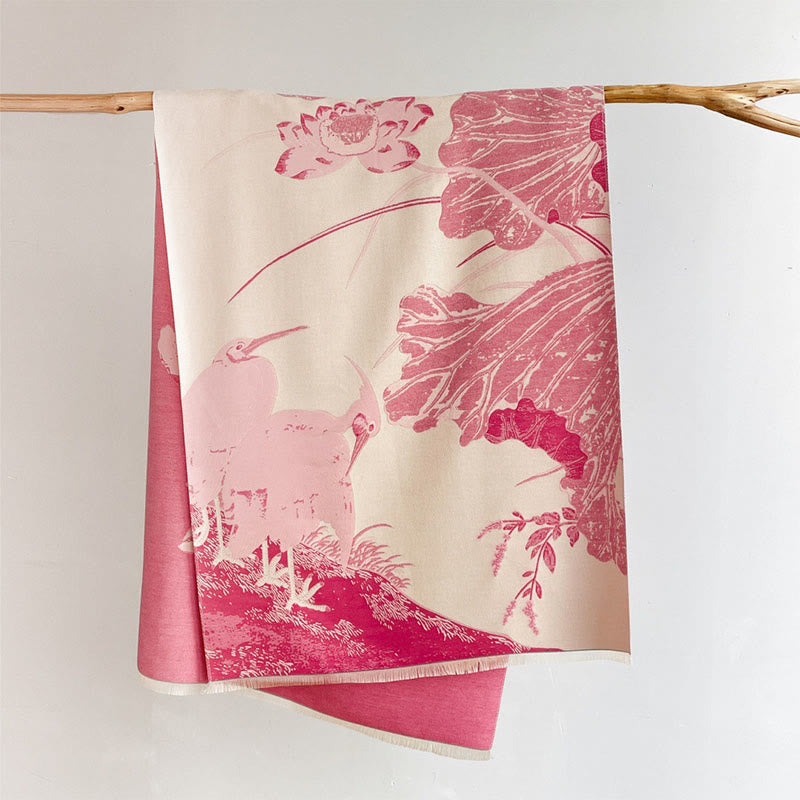 Bufanda/chal suave con estampado de Buddha Stones, cigüeñas, pájaros y flores de loto en invierno. - rosa claro - 180*65 cm - image 4
