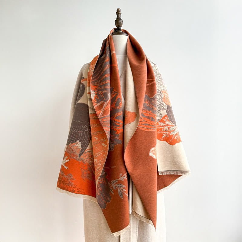 Bufanda/chal suave con estampado de Buddha Stones, cigüeñas, pájaros y flores de loto en invierno. - Naranja oscuro - 180*65 cm - image 0