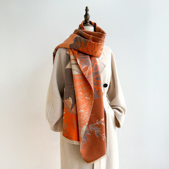 Bufanda/chal suave con estampado de Buddha Stones, cigüeñas, pájaros y flores de loto en invierno. - image 3