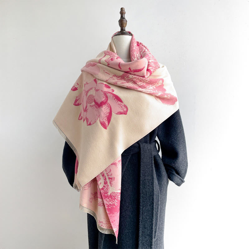 Bufanda/chal suave con estampado de Buddha Stones, cigüeñas, pájaros y flores de loto en invierno. - image 6