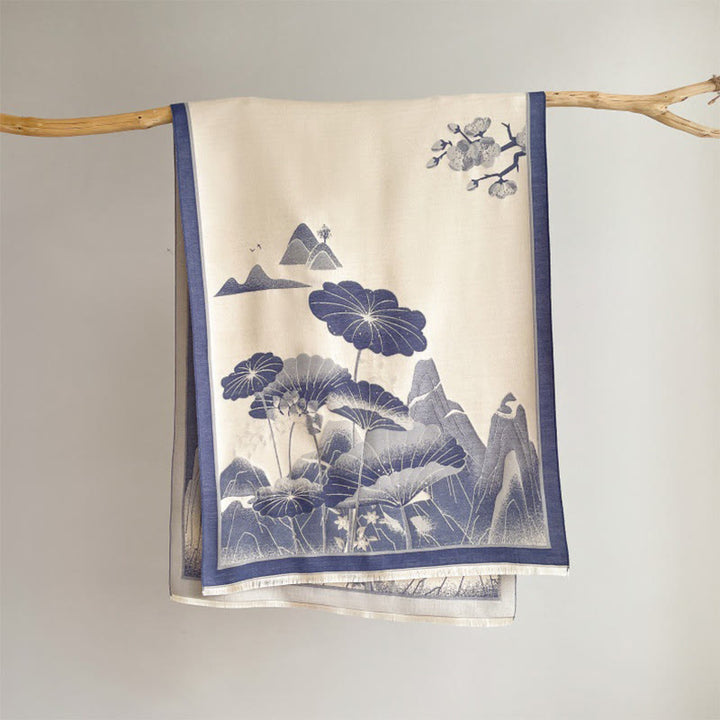 Bufanda/chal suave con estampado de hojas y flores de loto de montaña invernal con Buddha Stones - Azul acero - 180 x 65 cm - image 6