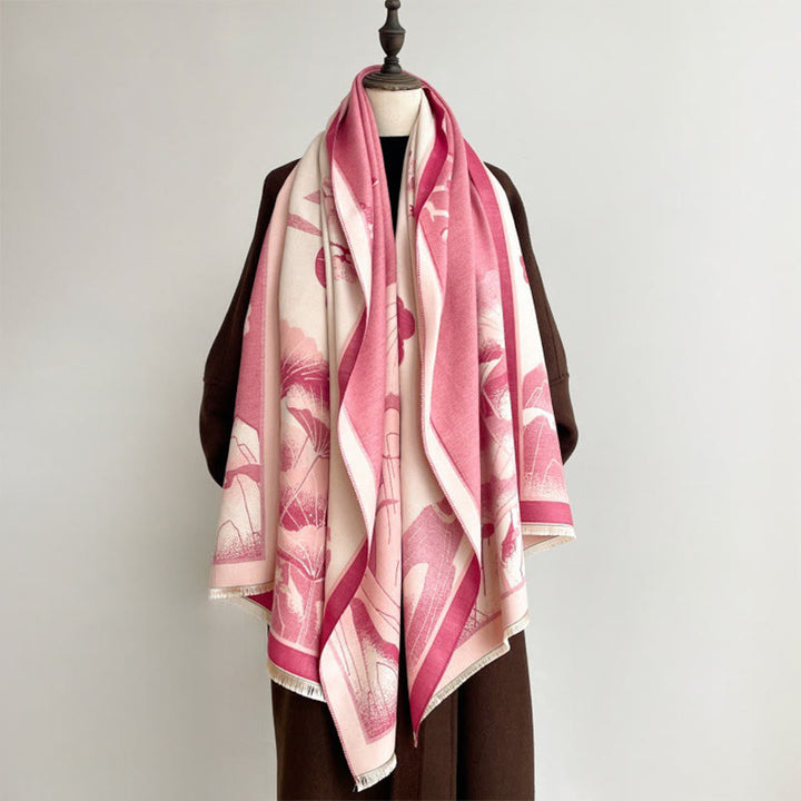 Bufanda/chal suave con estampado de hojas y flores de loto de montaña invernal con Buddha Stones - image 12