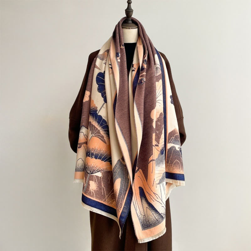 Bufanda/chal suave con estampado de hojas y flores de loto de montaña invernal con Buddha Stones - image 14