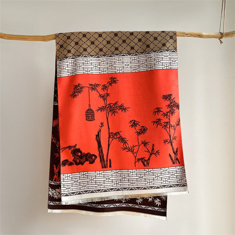 Bufanda/chal acogedor con estampado de pajaritos y hojas de bambú de invierno con Buddha Stones - image 15