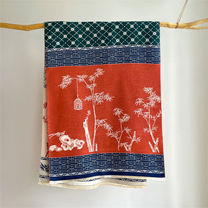 Bufanda/chal acogedor con estampado de pajaritos y hojas de bambú de invierno con Buddha Stones - image 1