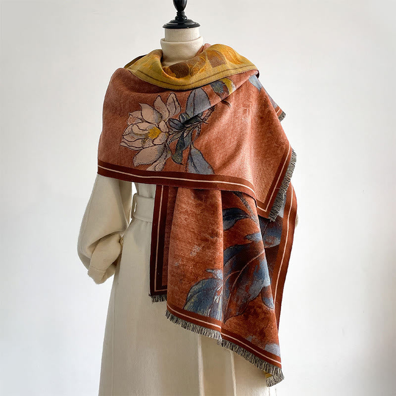 Bufanda/chal cálido y acogedor con estampado de Buddha Stones, flores de magnolia blancas de invierno y pajaritos - image 9