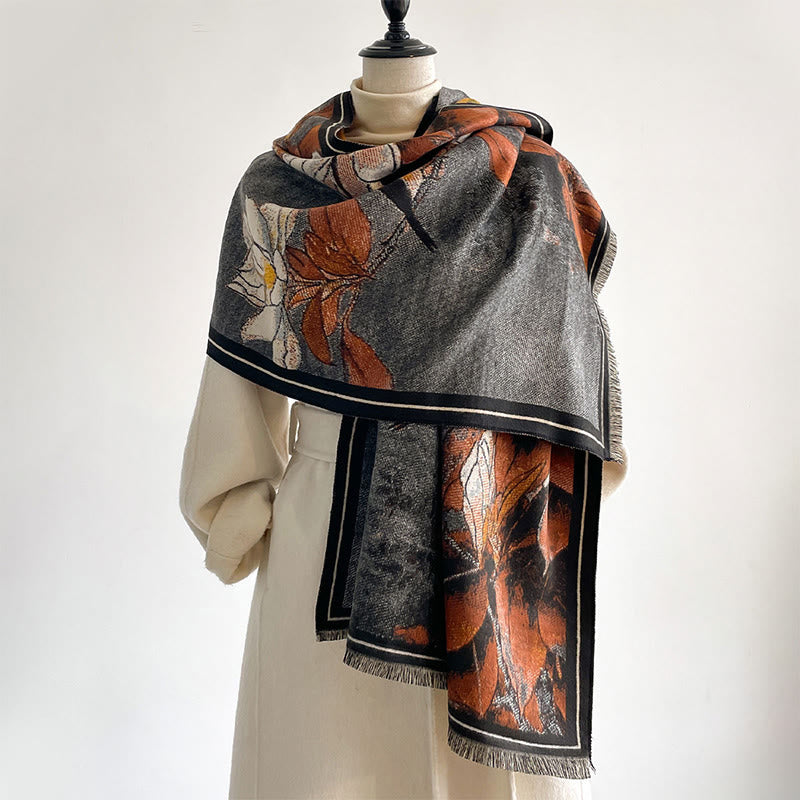 Bufanda/chal cálido y acogedor con estampado de Buddha Stones, flores de magnolia blancas de invierno y pajaritos - image 4