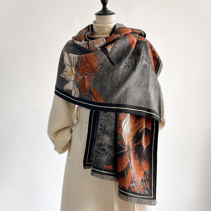 Bufanda/chal cálido y acogedor con estampado de Buddha Stones, flores de magnolia blancas de invierno y pajaritos - image 4