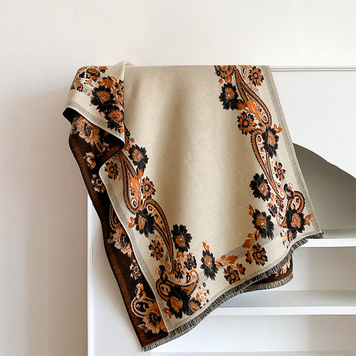 Bufanda/chal cálido y acogedor con estampado de enredaderas de flores de anacardo y Buddha Stones en otoño - Beige - 185*65 cm - image 11
