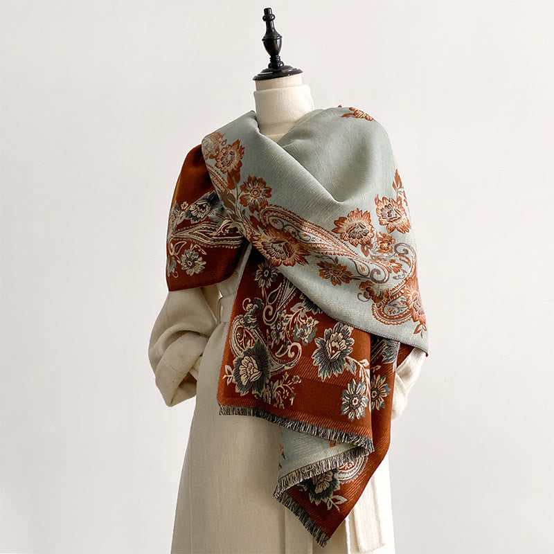 Bufanda/chal cálido y acogedor con estampado de enredaderas de flores de anacardo y Buddha Stones en otoño - Marrón silla de montar - 185*65 cm - image 0