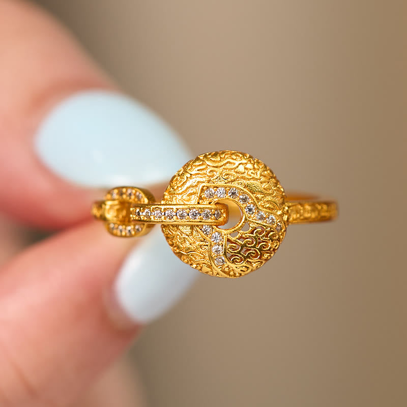 Anillo ajustable de la fortuna con hebilla de la paz, chapado en oro de 24k, con diseño calado y Buddha Stones. - image 3