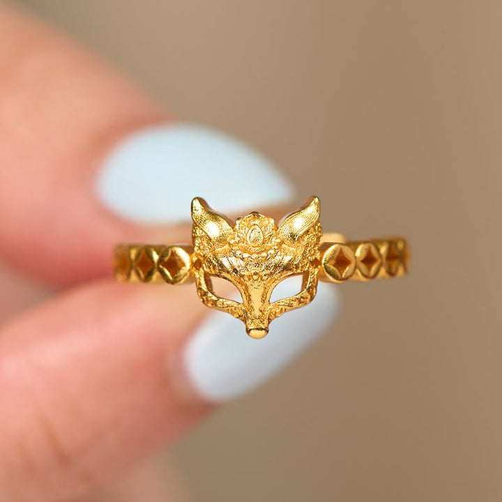 Anillo ajustable con diseño de moneda de zorro hueca en latón chapado en oro de 24k con Buddha Stones - image 3
