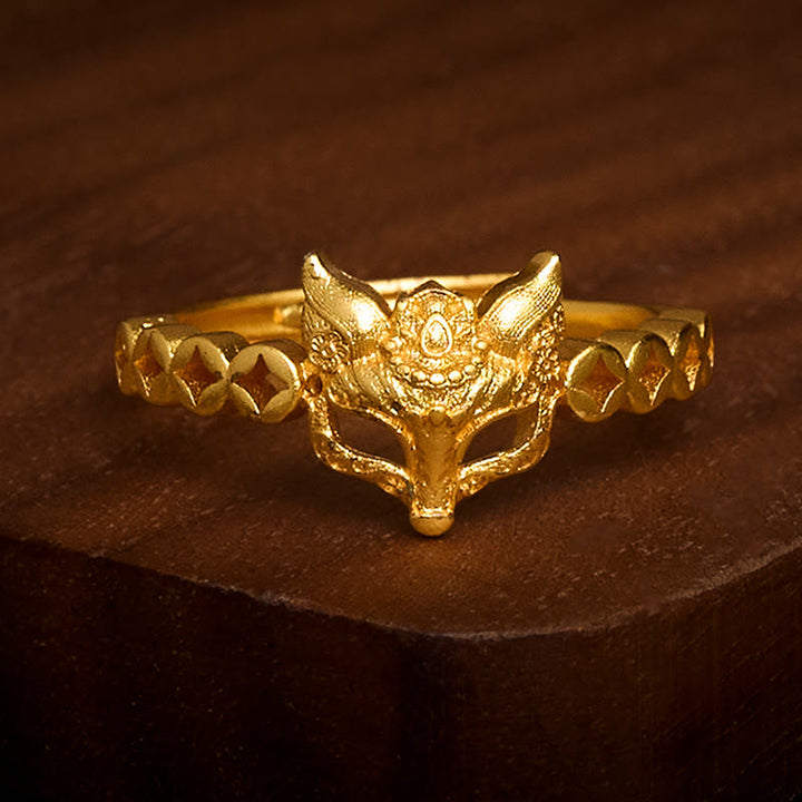 Anillo ajustable con diseño de moneda de zorro hueca en latón chapado en oro de 24k con Buddha Stones - image 1