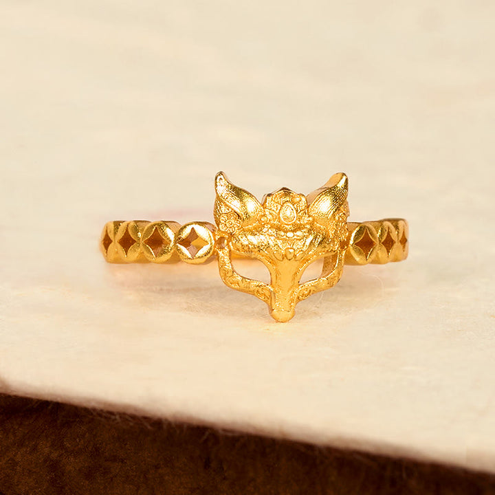 Anillo ajustable con diseño de moneda de zorro hueca en latón chapado en oro de 24k con Buddha Stones - image 2