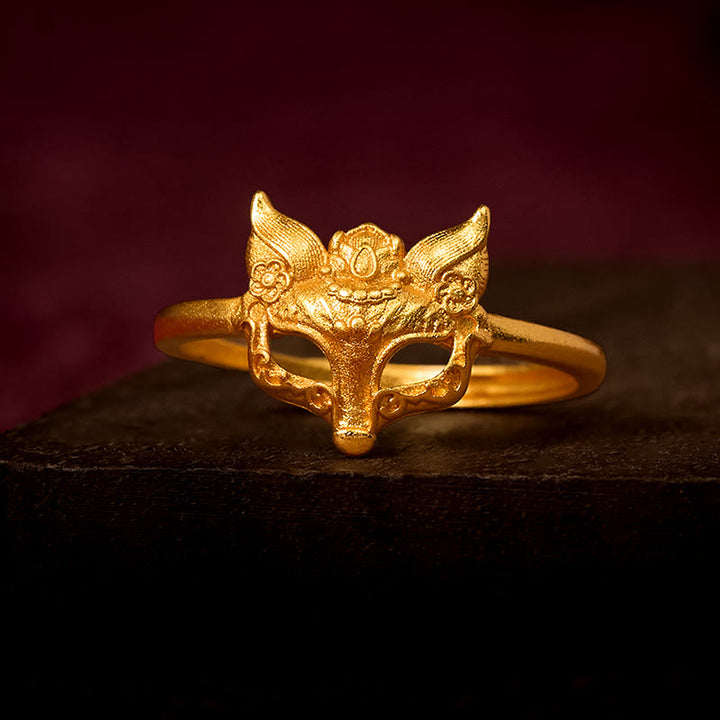 Buddha Stones Anillo de latón chapado en oro de 24 quilates con forma de máscara de zorro. - Ajustable - image 0