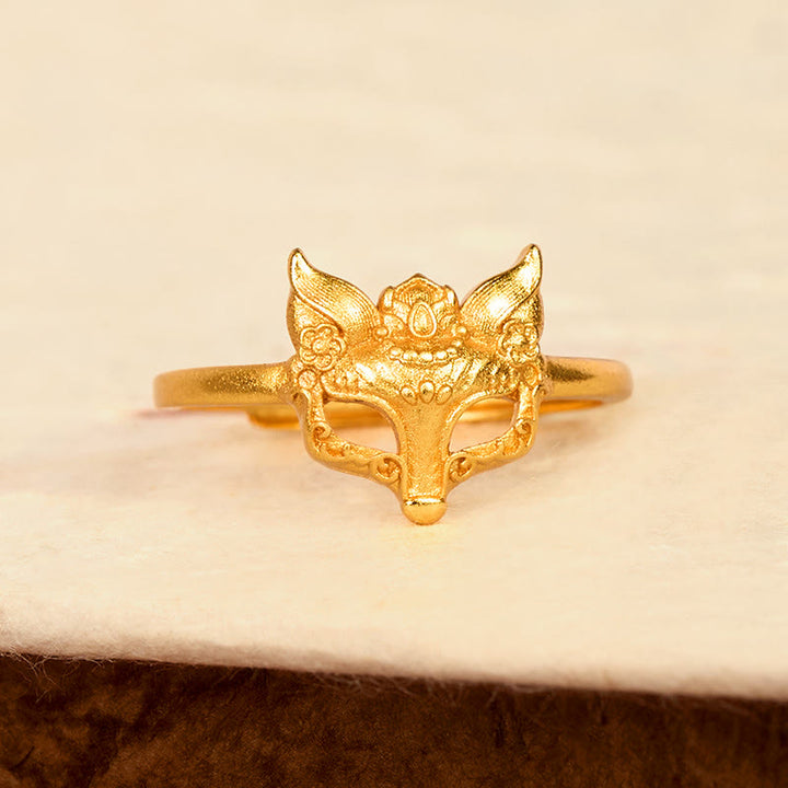 Buddha Stones Anillo de latón chapado en oro de 24 quilates con forma de máscara de zorro. - image 2