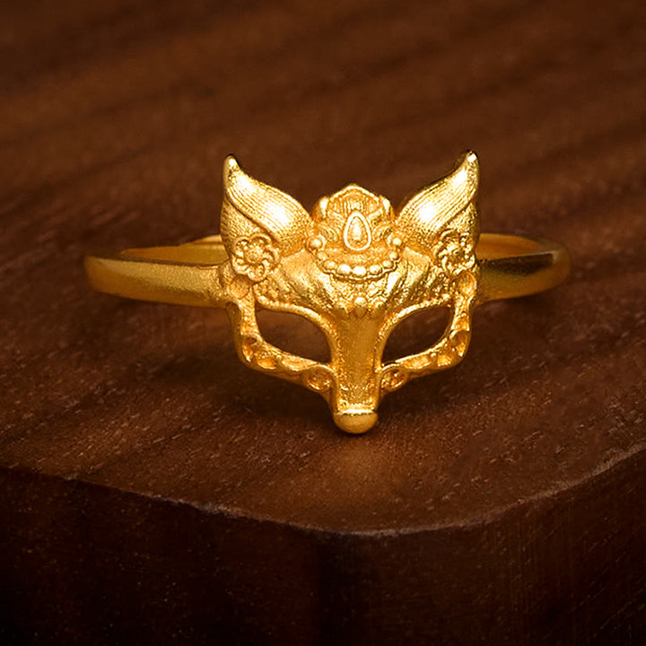 Buddha Stones Anillo de latón chapado en oro de 24 quilates con forma de máscara de zorro. - image 1