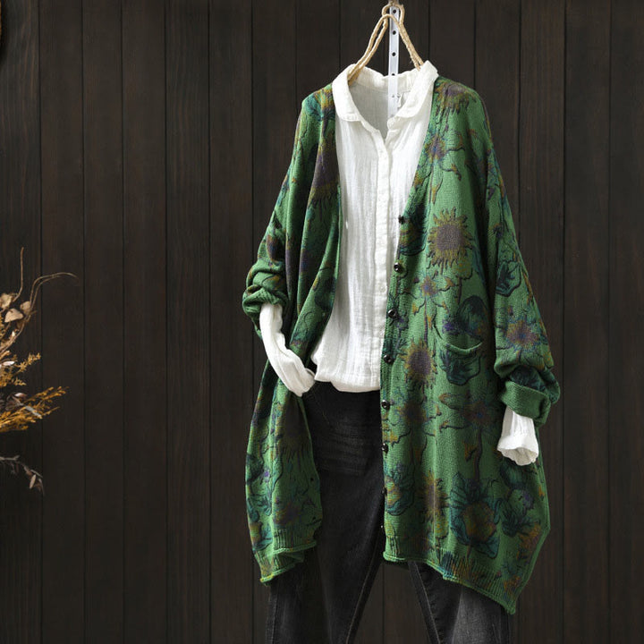 Cárdigan de punto de manga larga para mujer con botones, botones y bolsillos, estampado de girasoles y Buddha Stones. - Verde mar medio - US4-8/10, UK/AU8-12/14, EU36-40/42 (F) - image 0