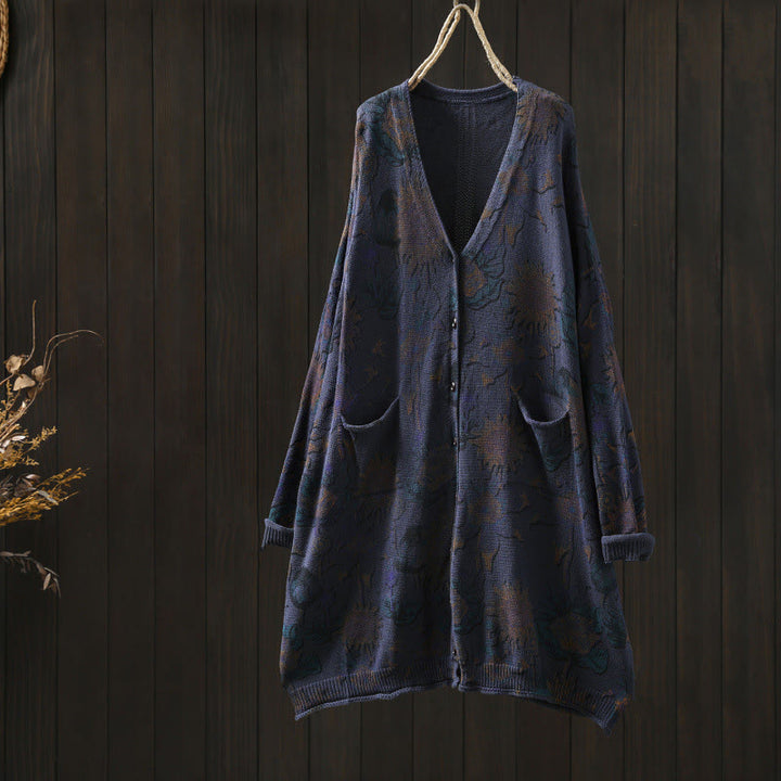 Cárdigan de punto de manga larga para mujer con botones, botones y bolsillos, estampado de girasoles y Buddha Stones. - Azul medianoche - US4-8/10， UK/AU8-12/14， EU36-40/42 (F) - image 23