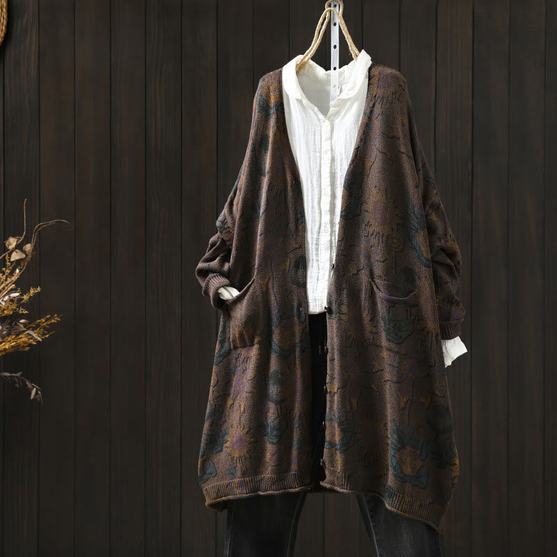 Cárdigan de punto de manga larga para mujer con botones, botones y bolsillos, estampado de girasoles y Buddha Stones. - Tierra de siena - US4-8/10, UK/AU8-12/14, EU36-40/42 (F) - image 21