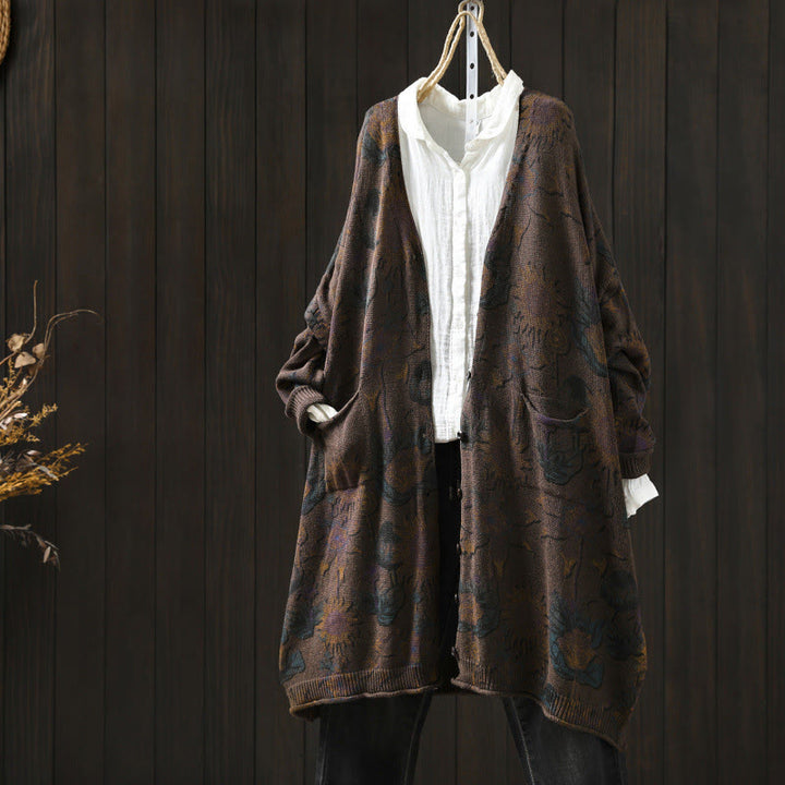 Cárdigan de punto de manga larga para mujer con botones, botones y bolsillos, estampado de girasoles y Buddha Stones. - Tierra de siena - US4-8/10, UK/AU8-12/14, EU36-40/42 (F) - image 21