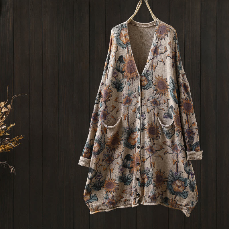 Cárdigan de punto de manga larga para mujer con botones, botones y bolsillos, estampado de girasoles y Buddha Stones. - Beige - US4-8/10, UK/AU8-12/14, EU36-40/42 (F) - image 17